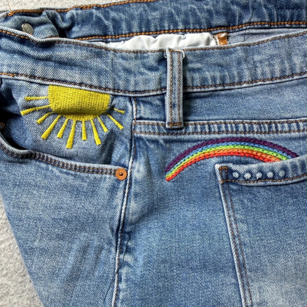 Blank NYC The Astor Cut Off Denim Shorts Women 27‎ Blue Sun Rainbow Embroidery